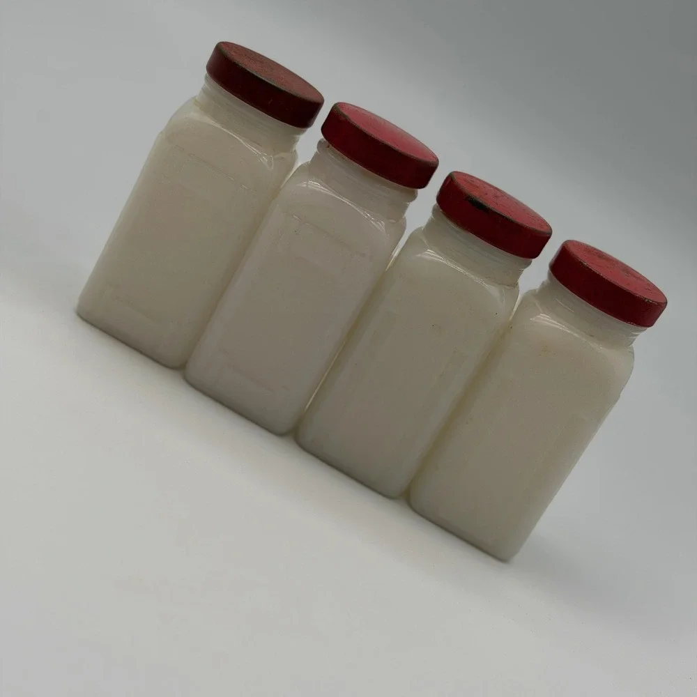 Vintage Milk Glass Spice Jars Set of 4 Art Deco Ribbed Red Metal Lids White